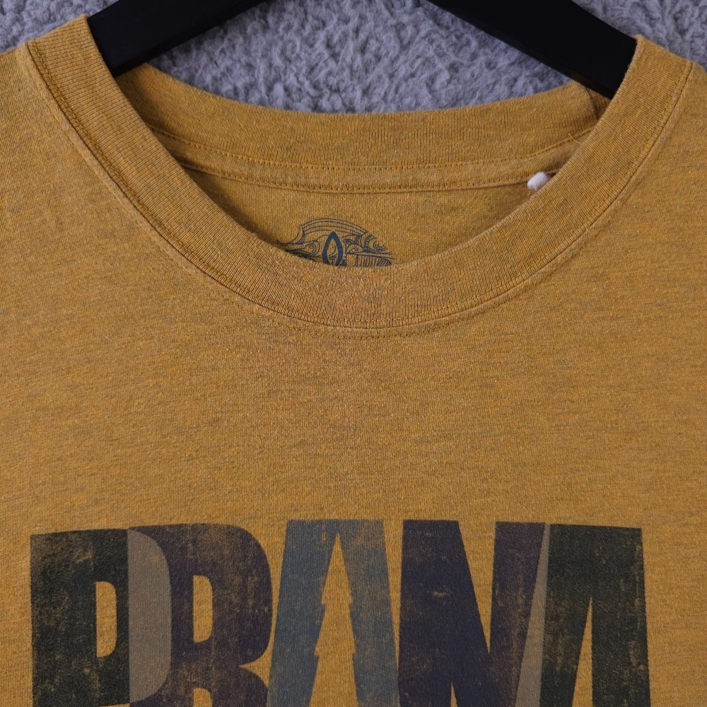 prAna Lock Tee Shirt Men Medium Yellow Crew Neck Graphic Hiking Outdoors Gorpore - Picture 8 of 12